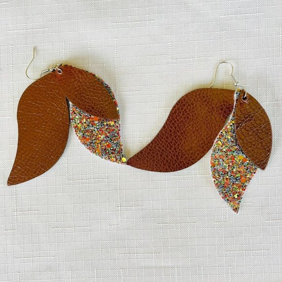 Leaf-Shaped Faux Leather Earrings in Copper w/Layered Silver Gold Glitter Accent - Picture 6 of 6